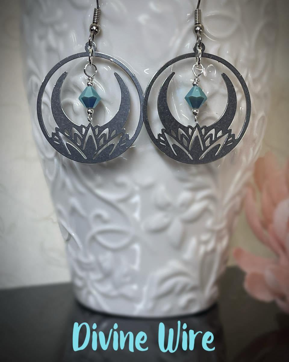 Lotus Moon Earrings- Aqua Beads