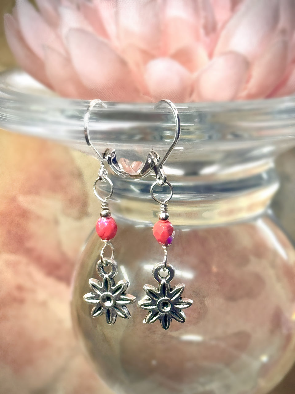 Delicate Flower Earrings with Iridescent Orange Bead