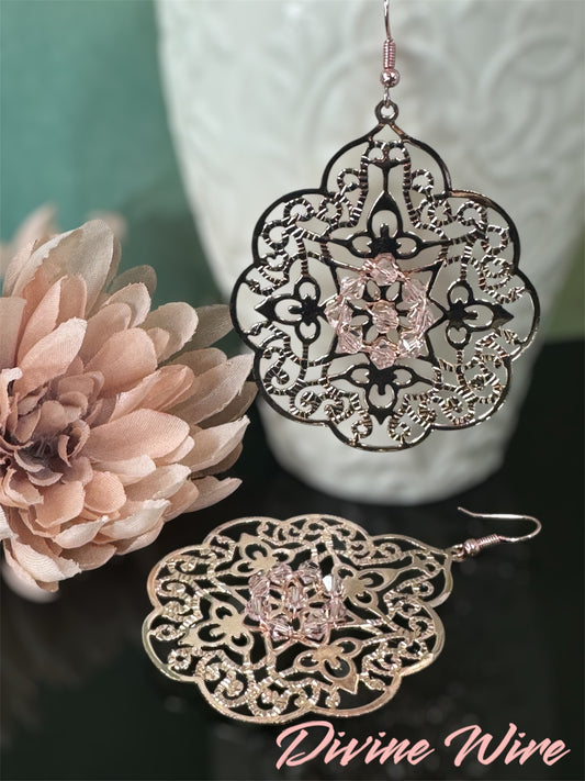 Large Rose Gold Filigree Flower Earrings