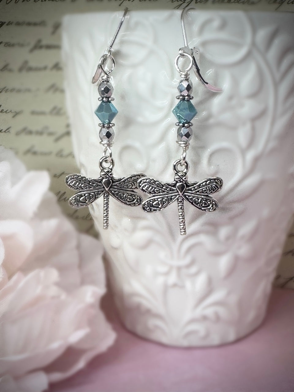 Dragonfly Earrings- Aqua Bead