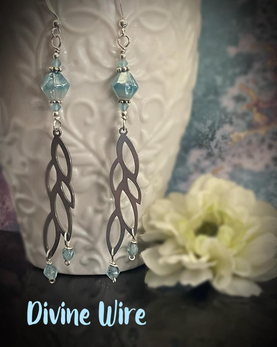 Aqua Bead Leaf Earrings