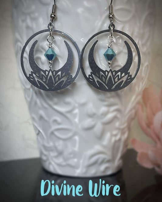 Lotus Moon Earrings- Aqua Beads