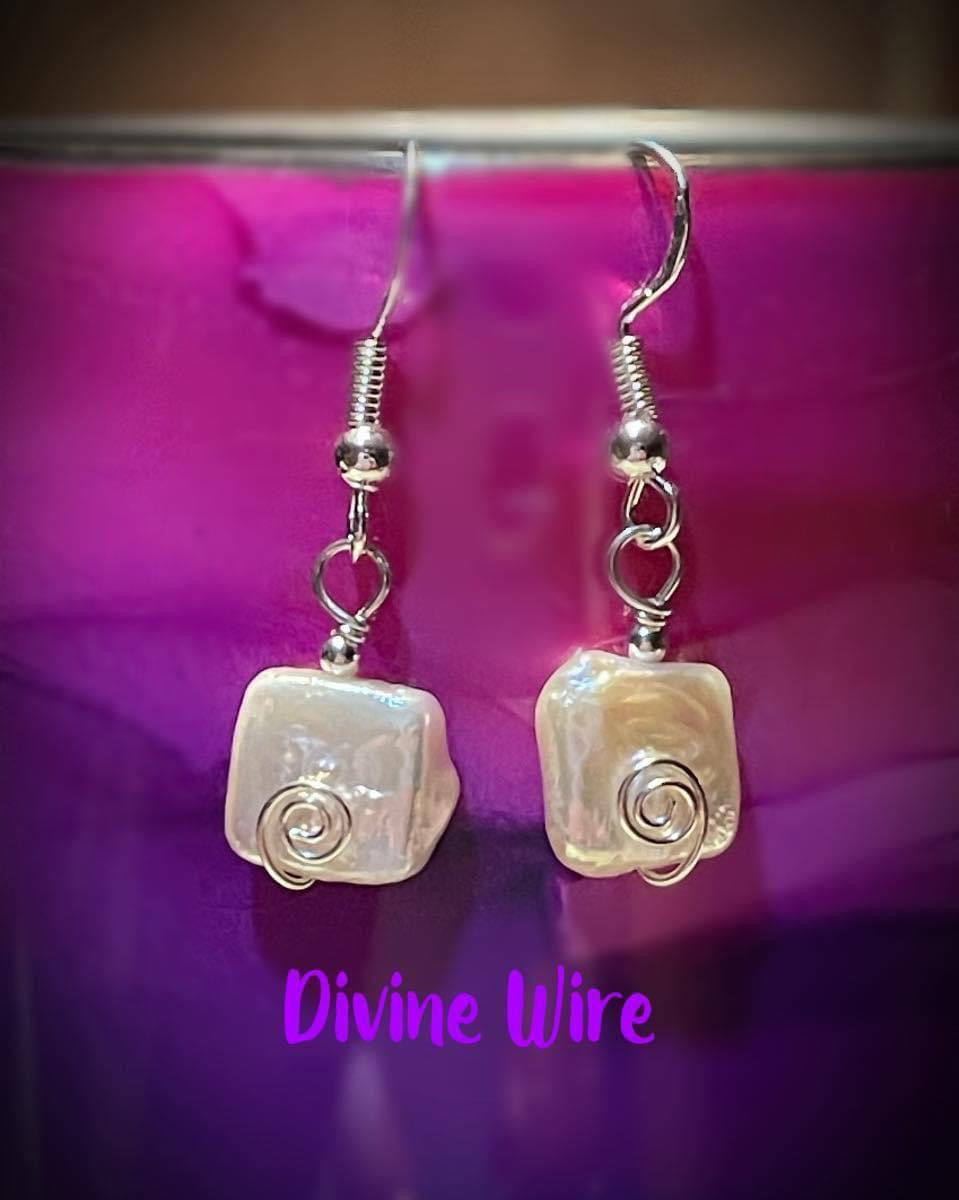 Sterling Silver Dainty Square Fresh Water Pearl Earrings