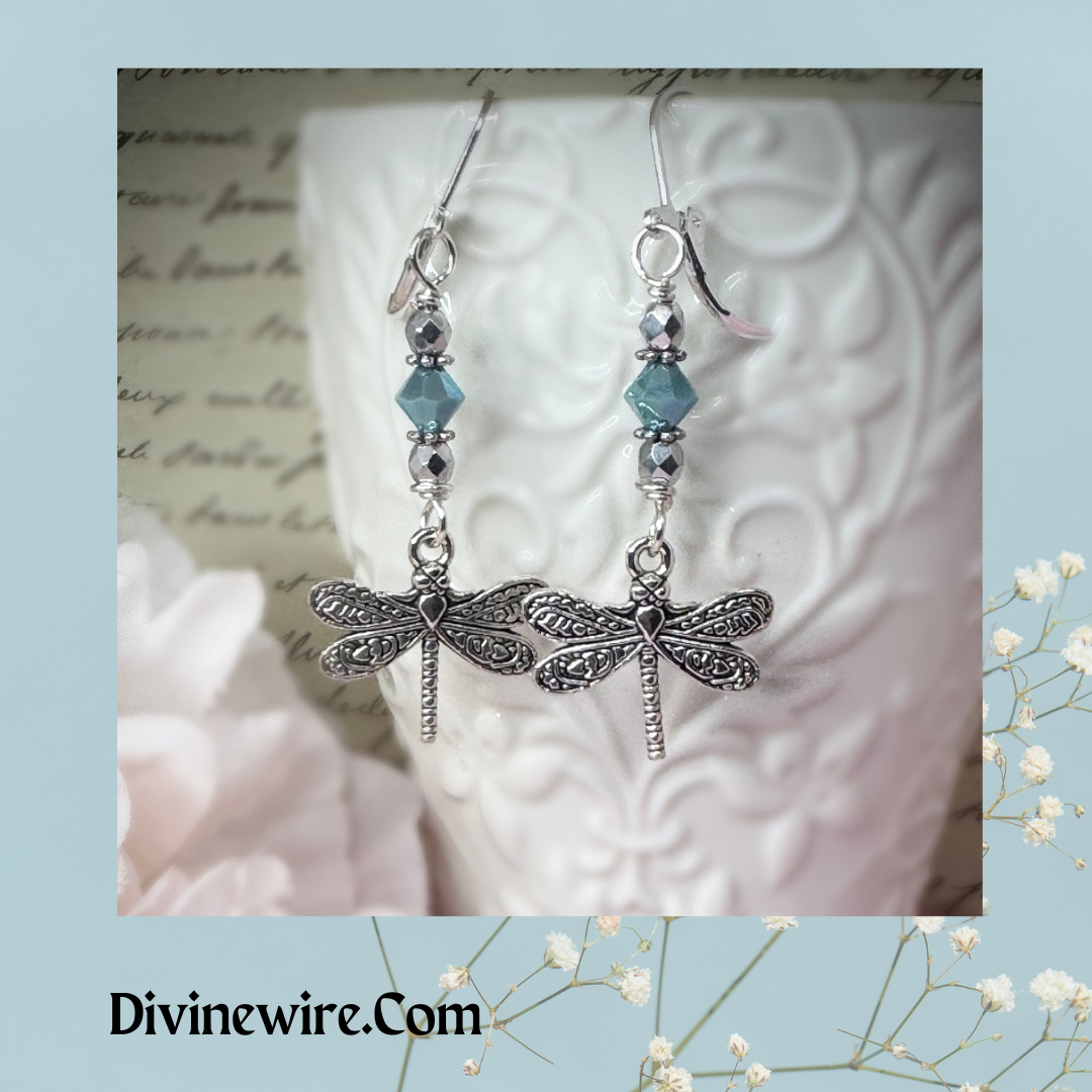 Dragonfly Earrings- Aqua Bead