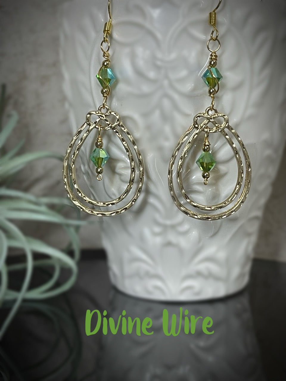 Gold Drop Green Earrings