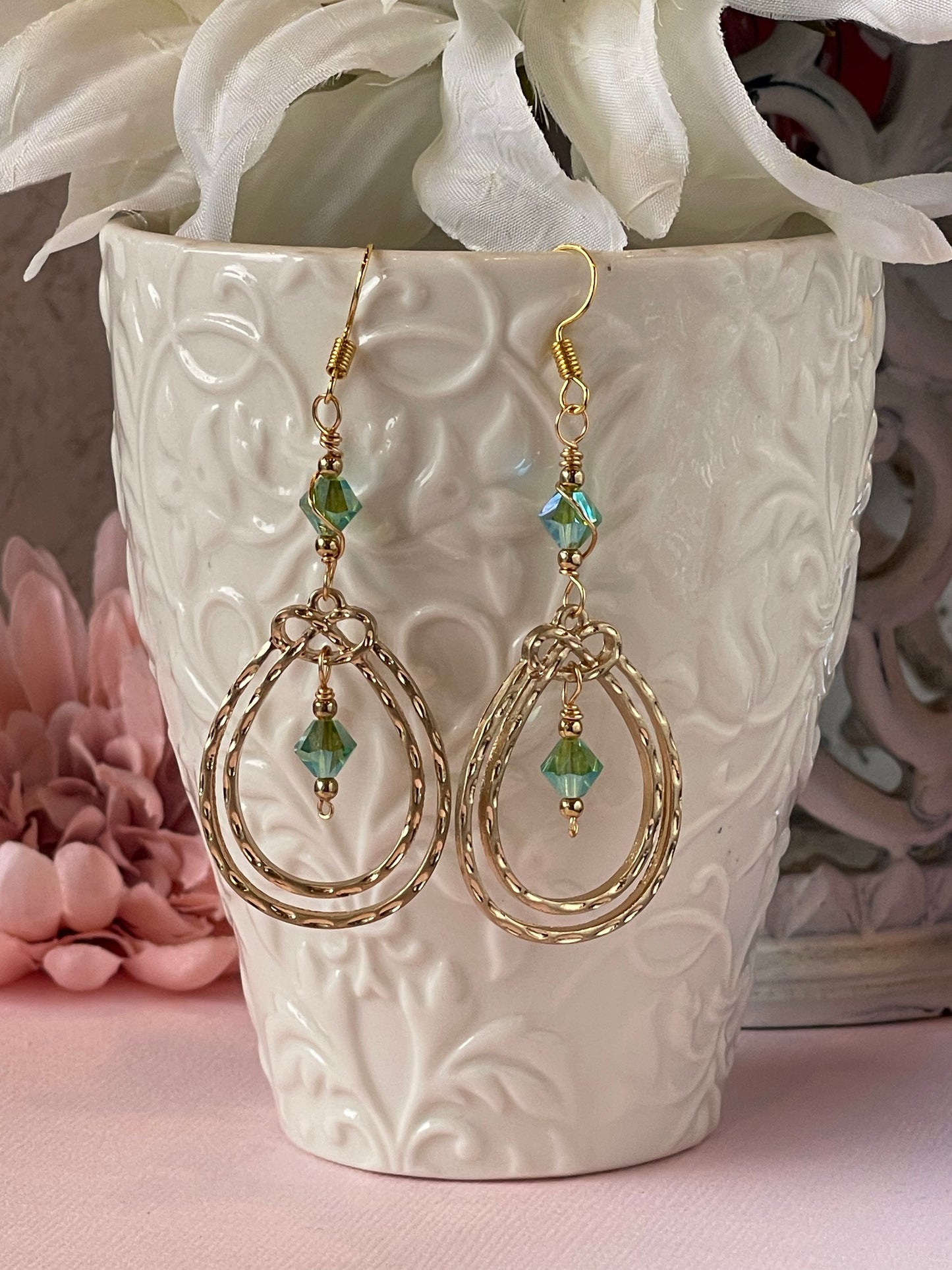 Gold Drop Green Earrings