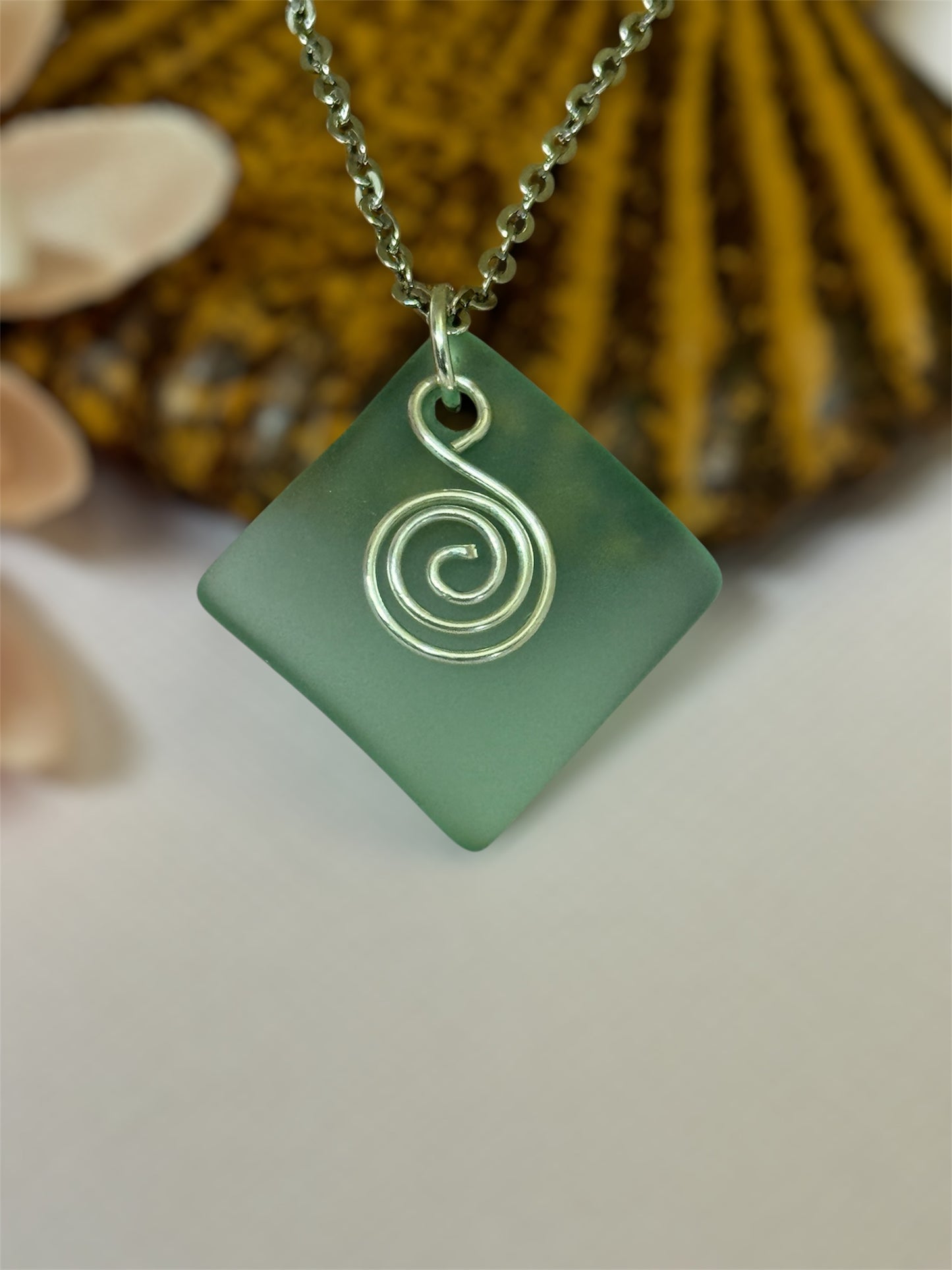 Green Square Sea Glass Pendant